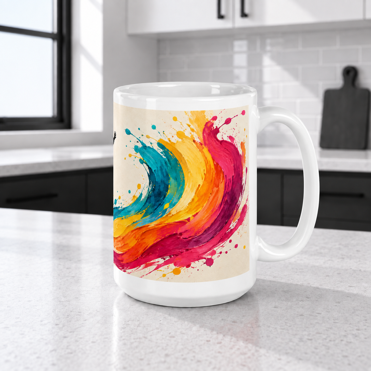 Right view of LEAP INTO COLOR ceramic mug, showing turquoise, yellow, orange and fuchsia brushstrokes and the handle on the right.