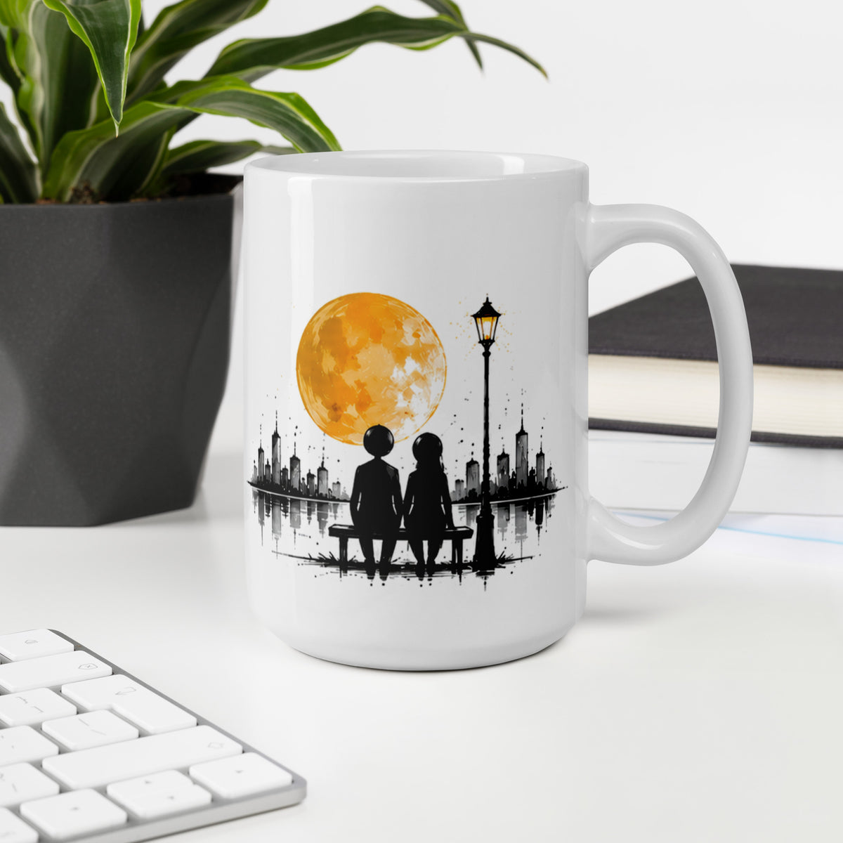 AFTERGLOW white 15 oz mug displayed in a workspace.