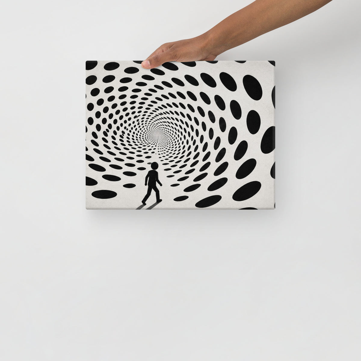 DOTS TO NOWHERE — 14 × 11 in canvas. Held by a person to show the small size.