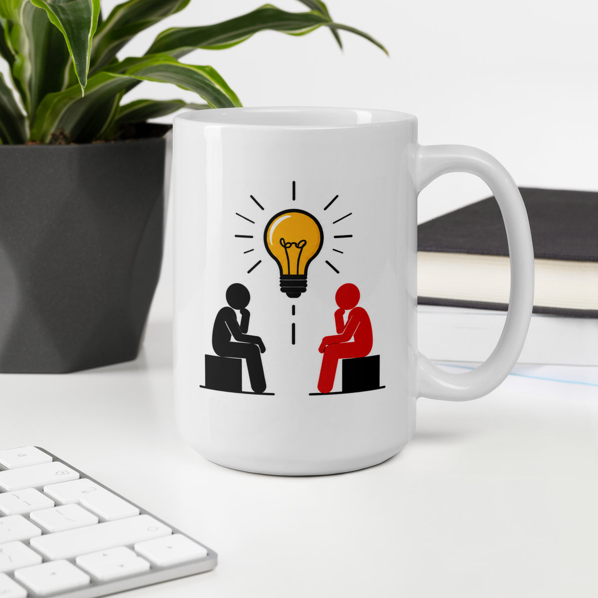 IDEAS BREWING white 15 oz mug displayed in a workspace.