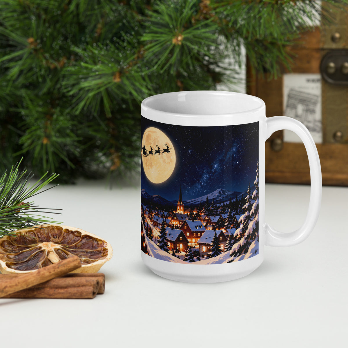 MOONLIT PASSAGE white 15 oz holiday mug, view with the handle on the right, showing another part of the winter illustration.