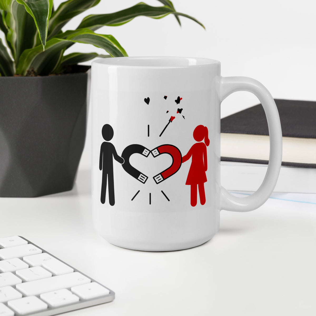 OPPOSITES ATTRACT white 15 oz mug displayed in a workspace.