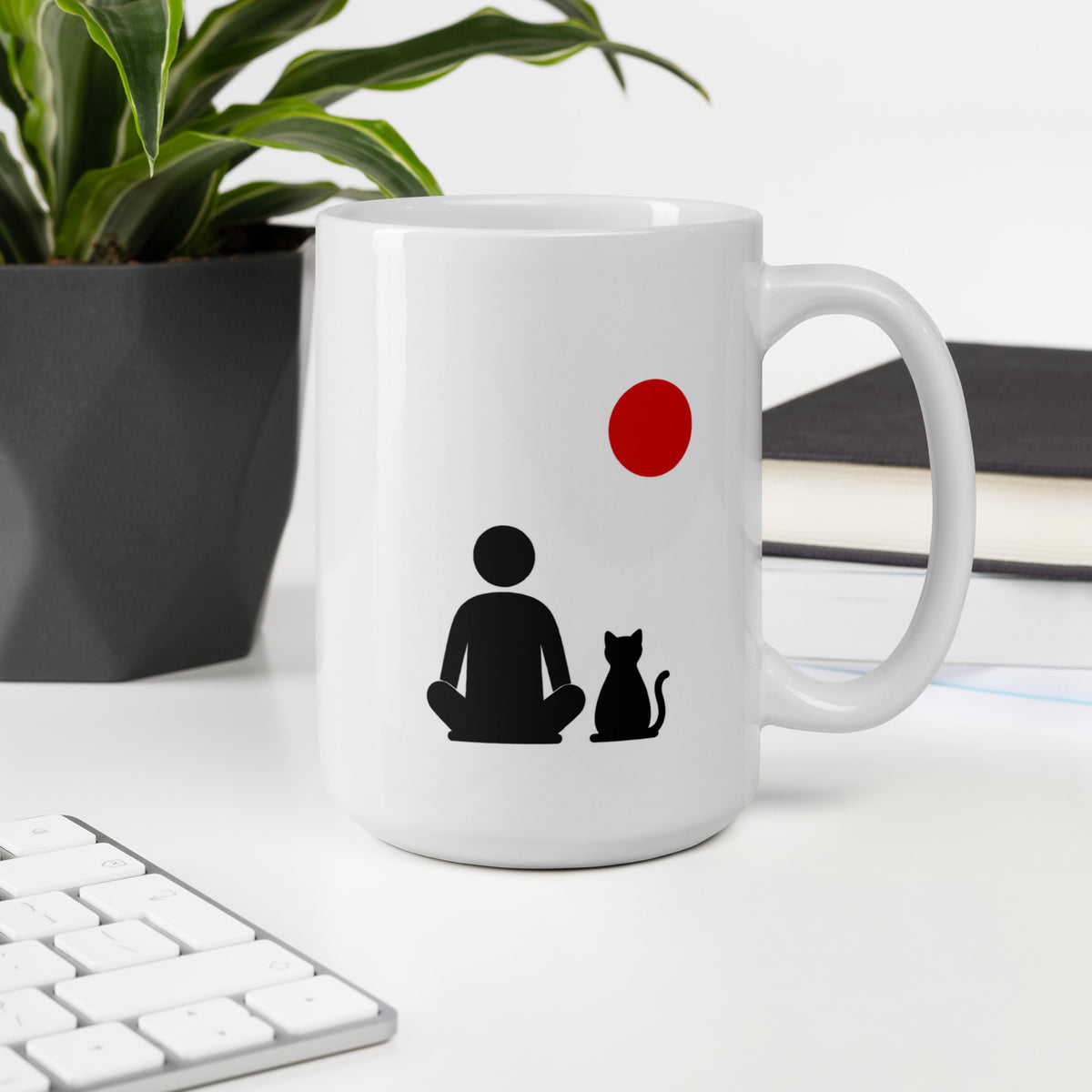 QUIET MOMENTS white 15 oz mug displayed in a workspace.