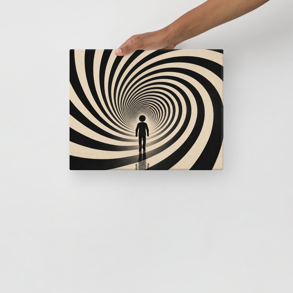 SPIRAL STATE — 14 × 11 in canvas. Held by a person to show the small size.
