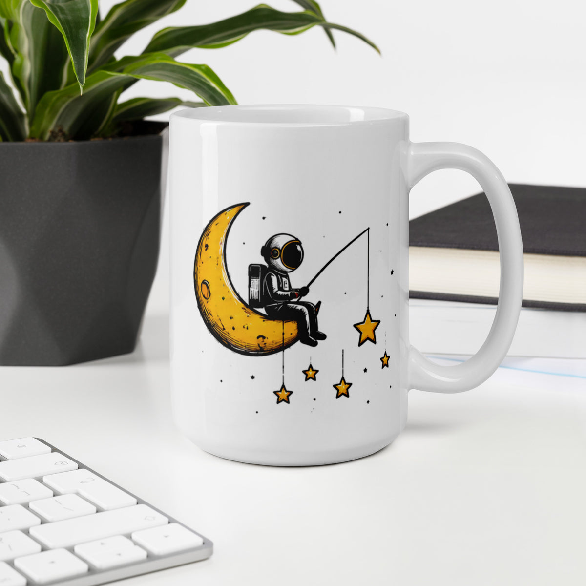 STAR FISHING white 15 oz mug displayed in a workspace.