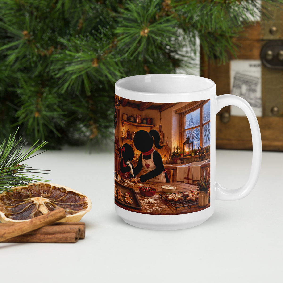 THE WARM BATCH white 15 oz holiday mug, view with the handle on the right, showing another part of the winter illustration.
