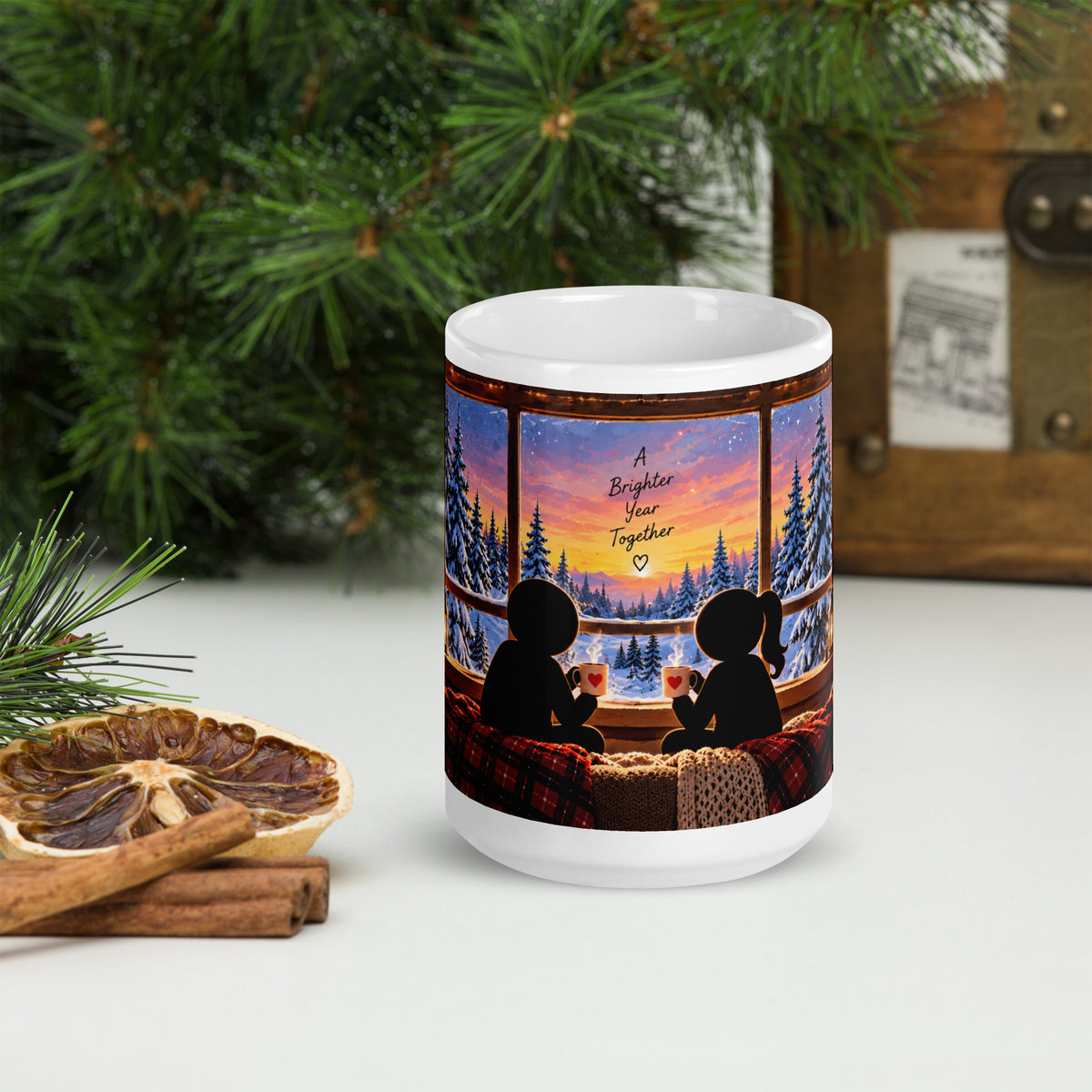 A BRIGHTER YEAR white 15 oz holiday mug, front view of the winter illustration.