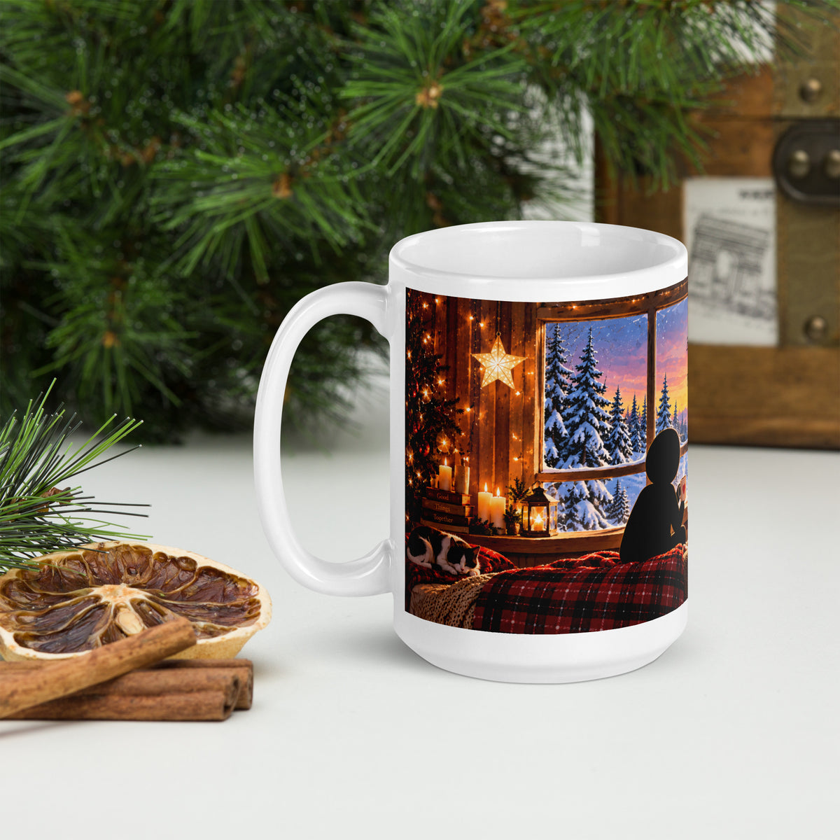 A BRIGHTER YEAR white 15 oz holiday mug, view with the handle on the left, showing another part of the winter illustration.