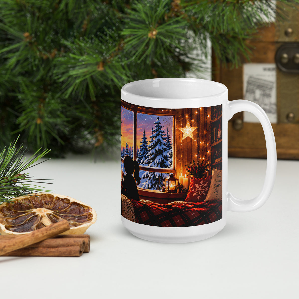 A BRIGHTER YEAR white 15 oz holiday mug, view with the handle on the right, showing another part of the winter illustration.