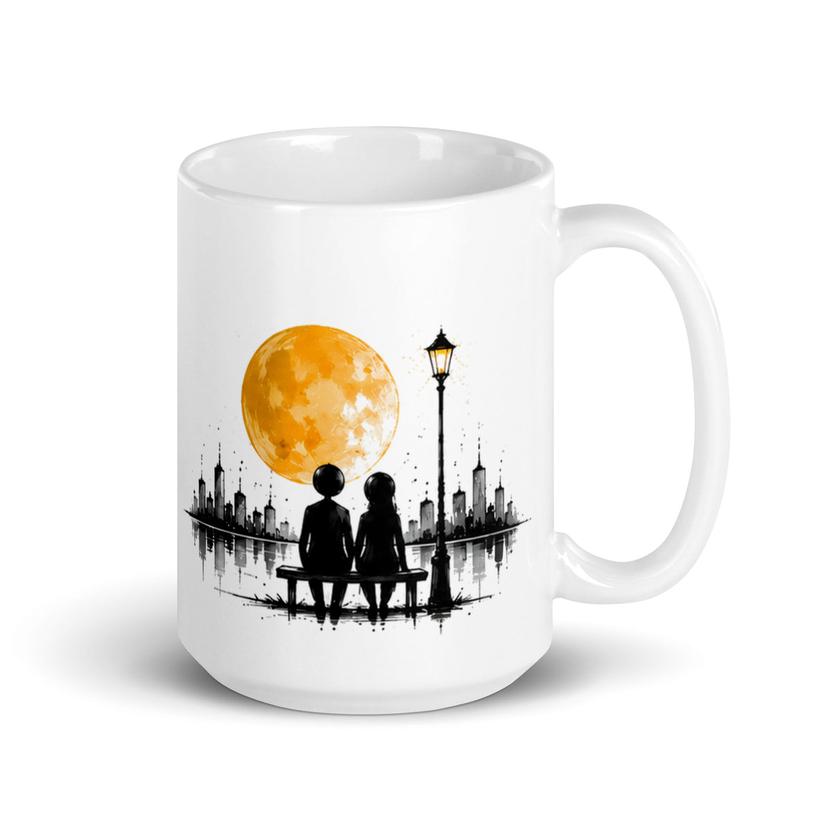 AFTERGLOW white 15 oz mug. Two figures sit together beneath a golden moon beside a lamppost.