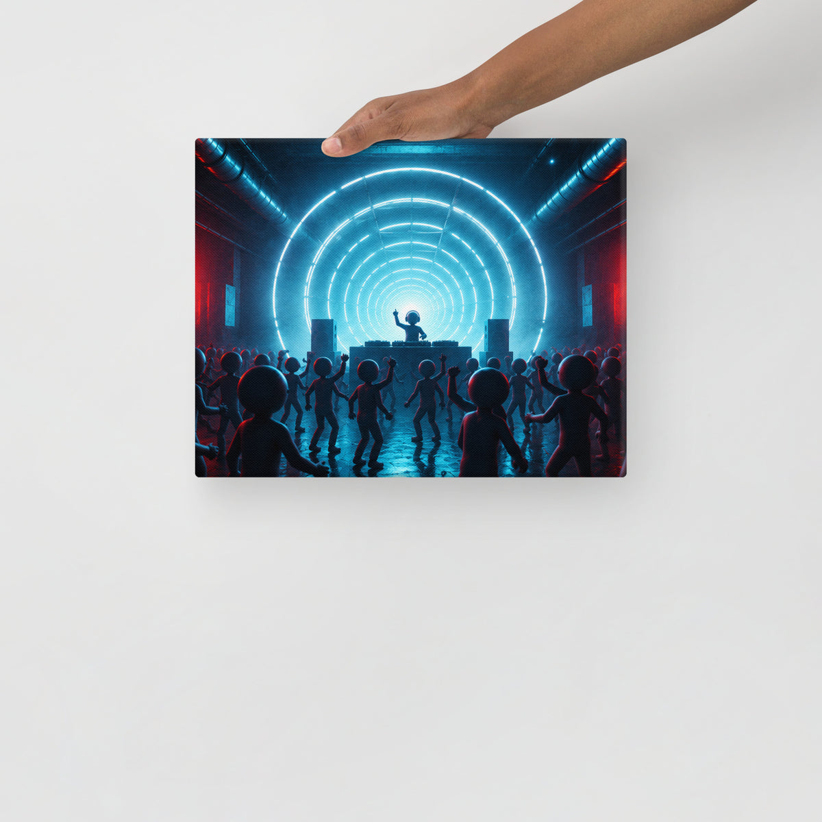 BLUE FREQUENCY — 14 × 11 in canvas. Held by a person to show the small size.