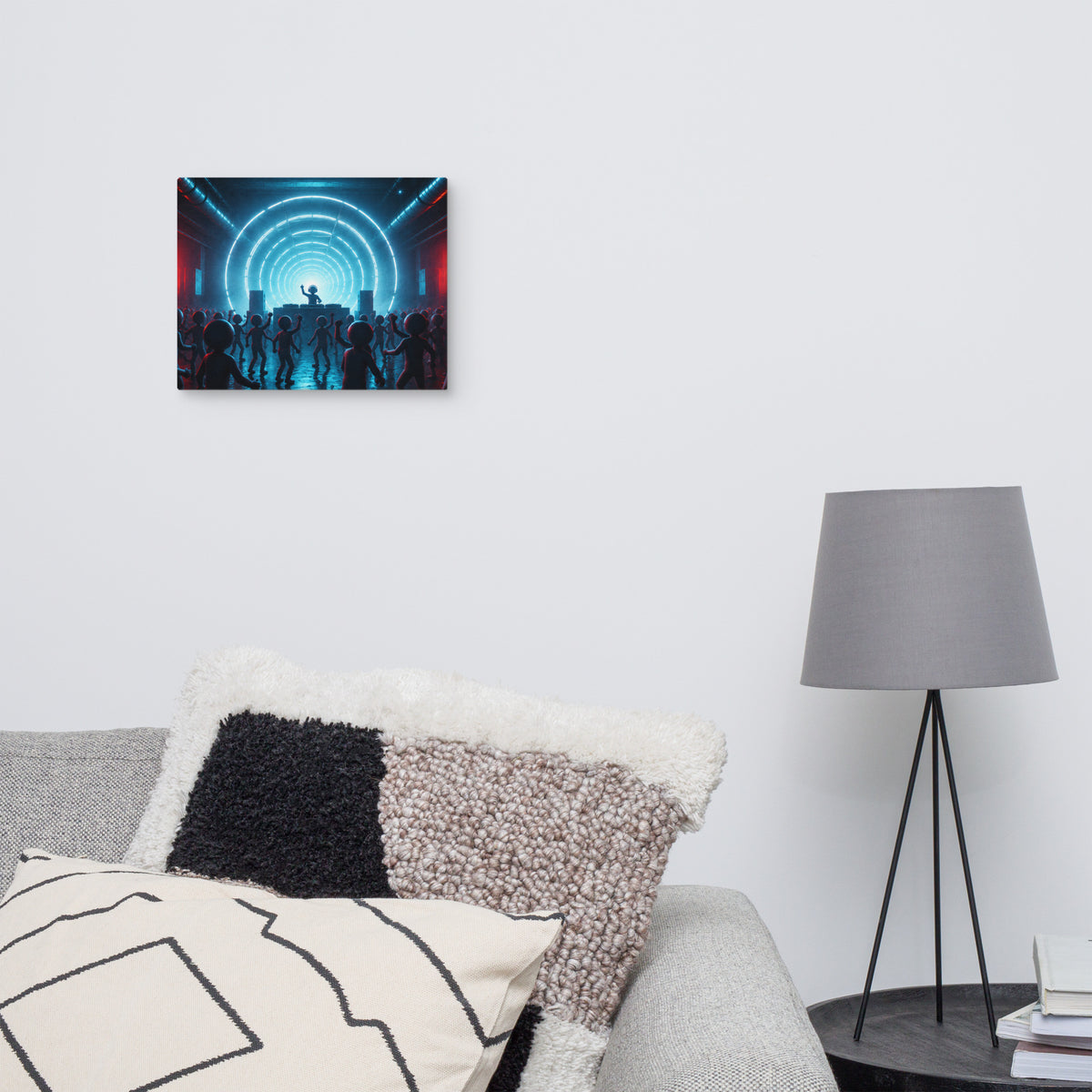 BLUE FREQUENCY — 14 × 11 in canvas. Displayed in a room.