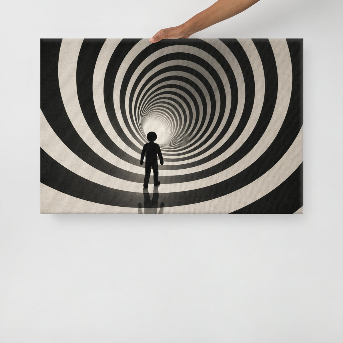 CENTERLINE canvas held by a person to show the physical artwork and its scale.