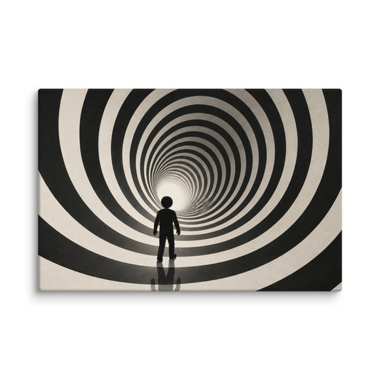 CENTERLINE canvas wall art. A figure stands before concentric black and cream rings.
