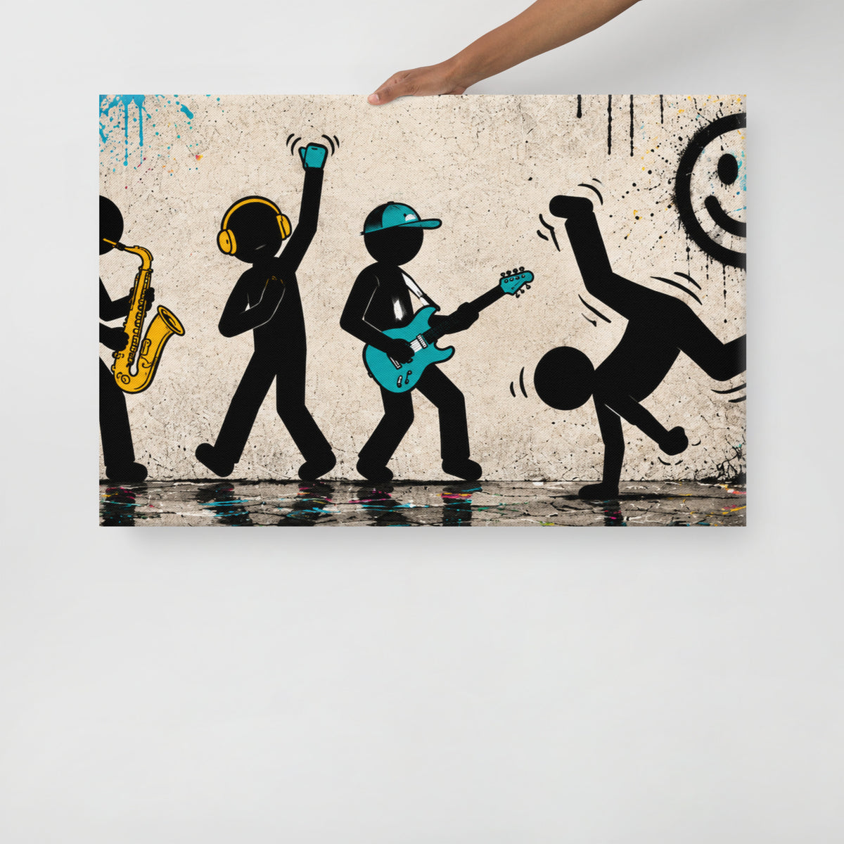 CONCRETE RHYTHM canvas held by a person to show the physical artwork and its scale.