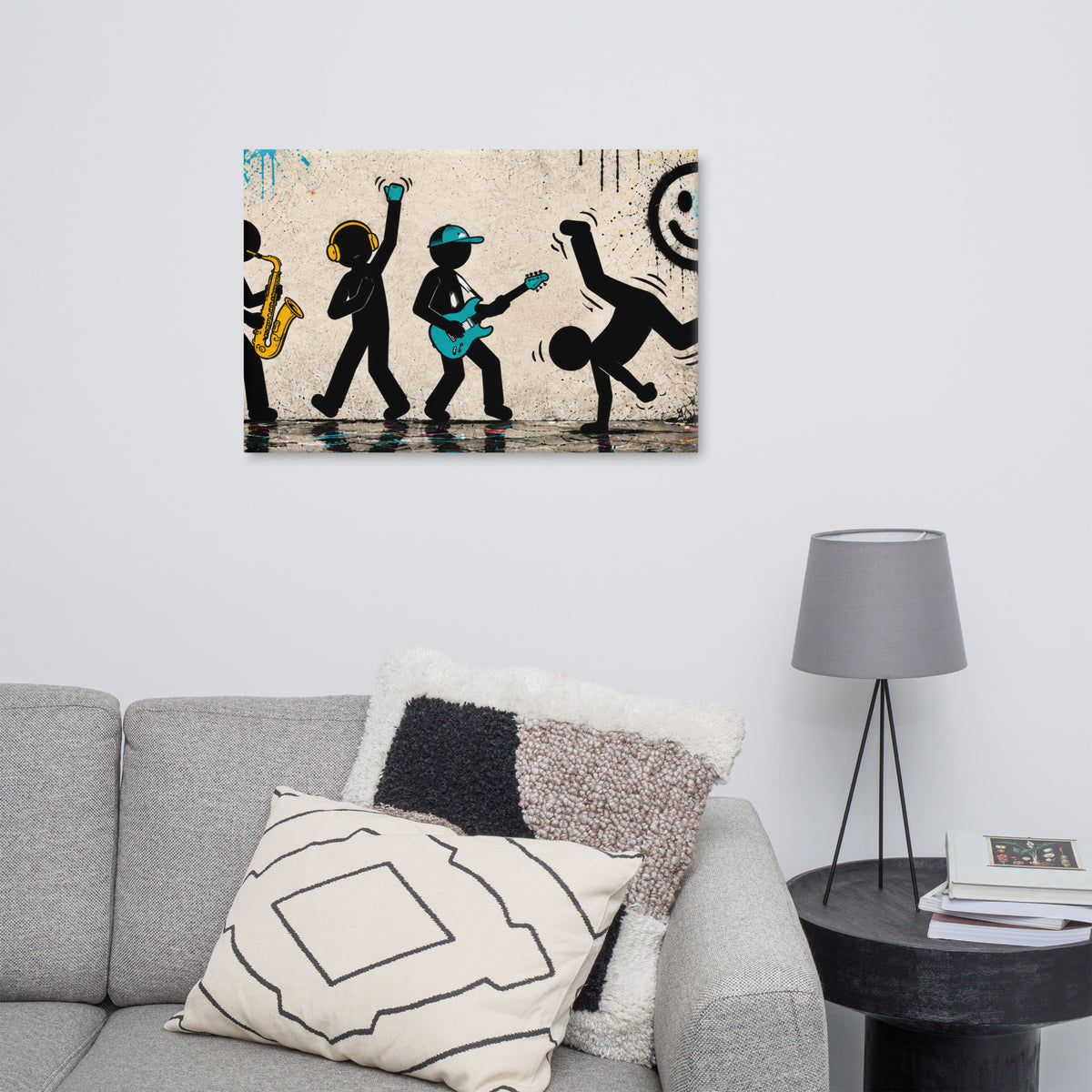 CONCRETE RHYTHM canvas displayed above a sofa in a light living room.