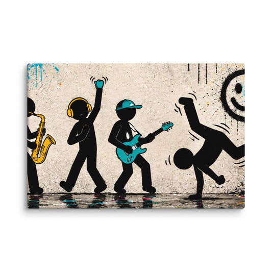 CONCRETE RHYTHM canvas wall art with geometric musicians and a dancer in black, yellow and teal.