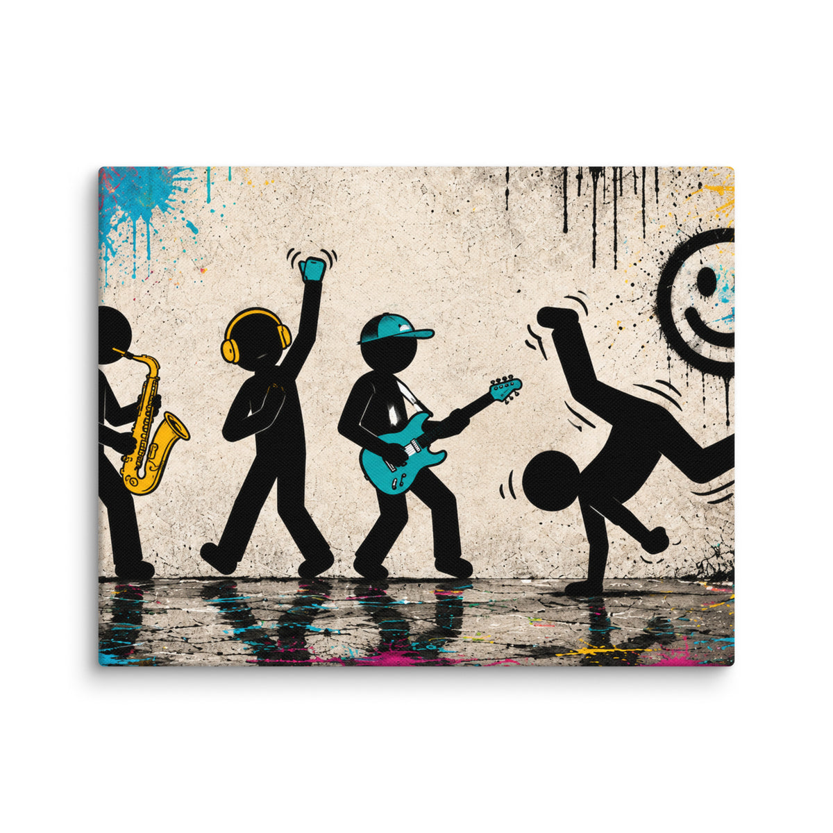 CONCRETE RHYTHM — 14 × 11 in canvas wall mockup. Geometric musicians and a dancer in black, yellow and teal.