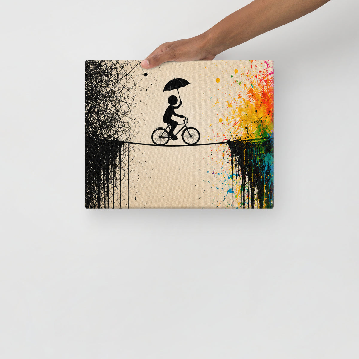 CROSSING THE NOISE — 14 × 11 in canvas. Held by a person to show the small size.