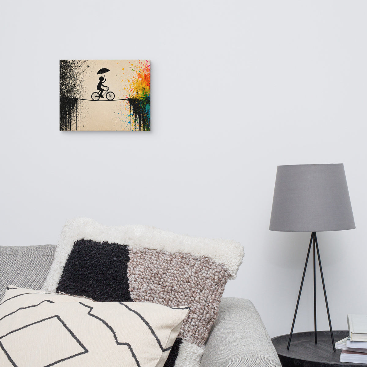 CROSSING THE NOISE — 14 × 11 in canvas. Displayed in a room.