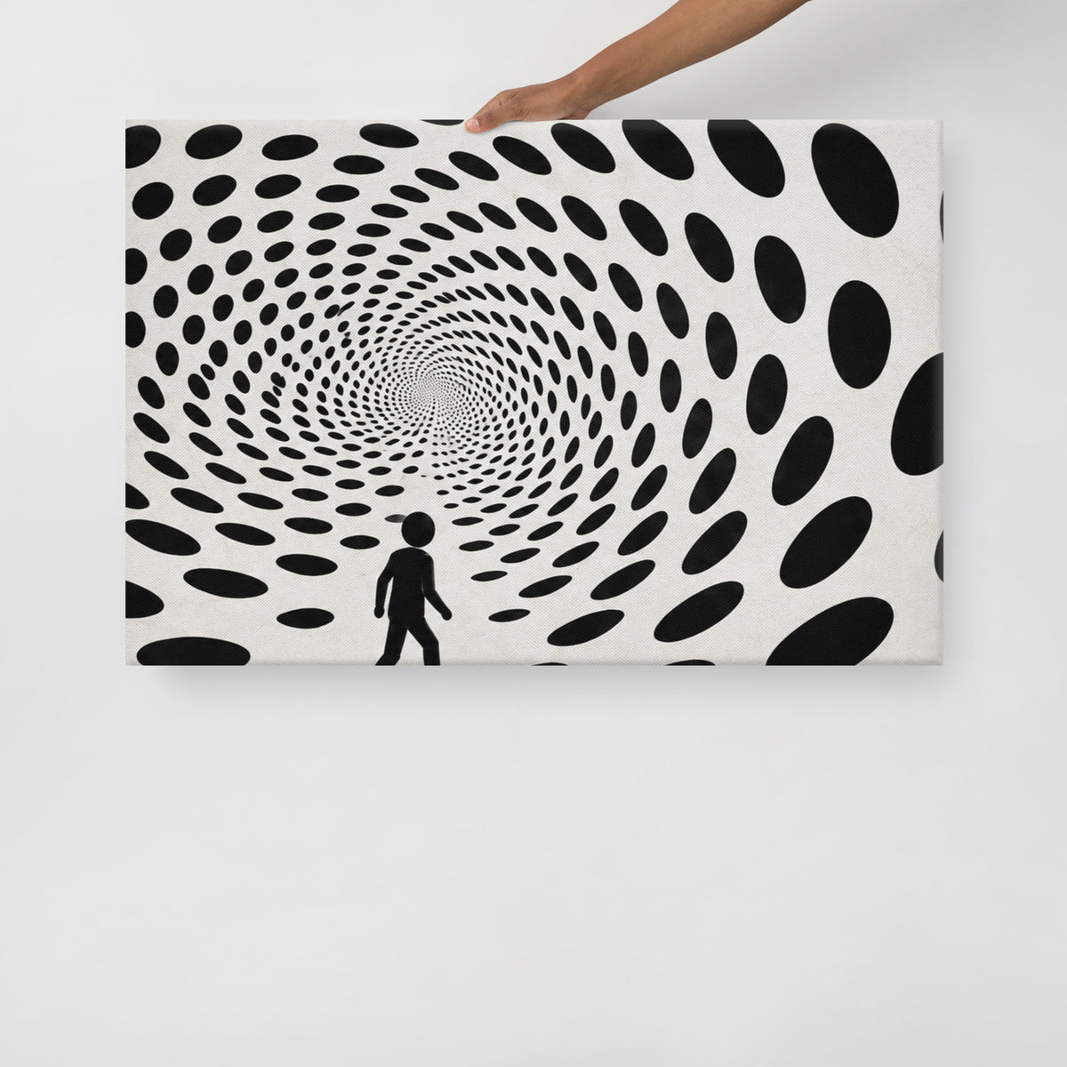 DOTS TO NOWHERE canvas held by a person to show the physical artwork and its scale.