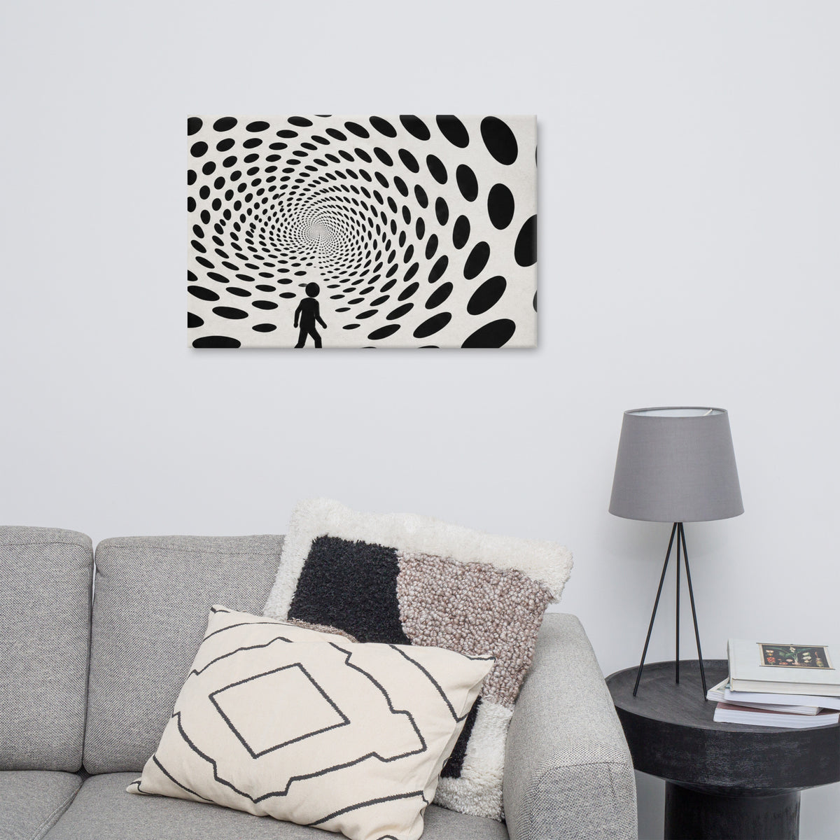 DOTS TO NOWHERE canvas displayed in a room.