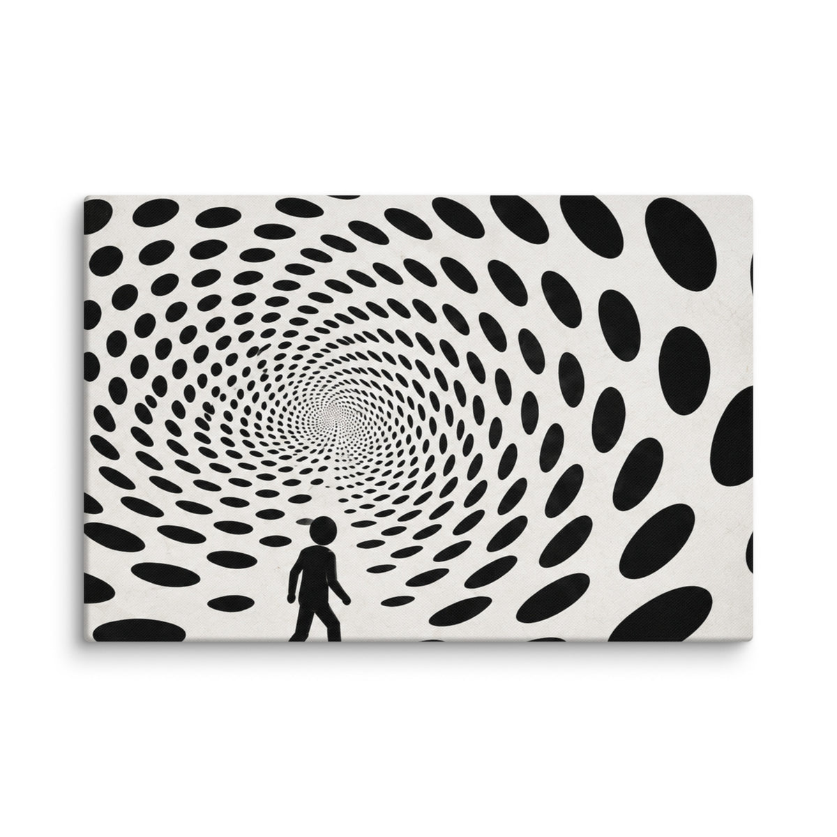 DOTS TO NOWHERE canvas wall art. Black dots form an optical tunnel around a small geometric figure.