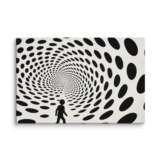 DOTS TO NOWHERE canvas wall art. Black dots form an optical tunnel around a small geometric figure.