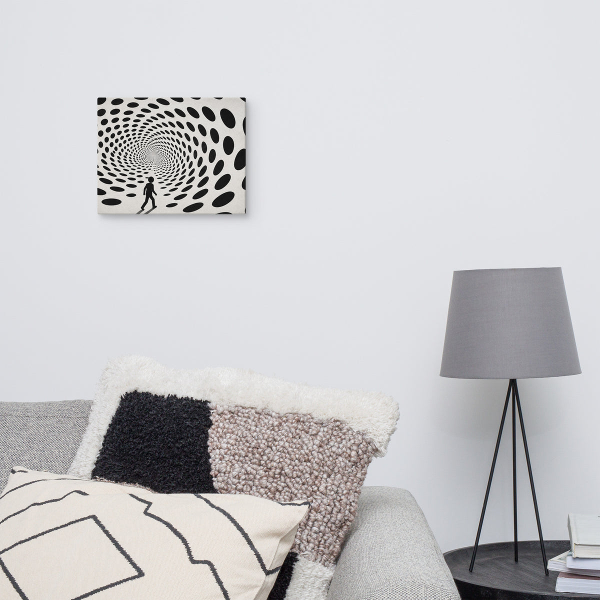 DOTS TO NOWHERE — 14 × 11 in canvas. Displayed in a room.