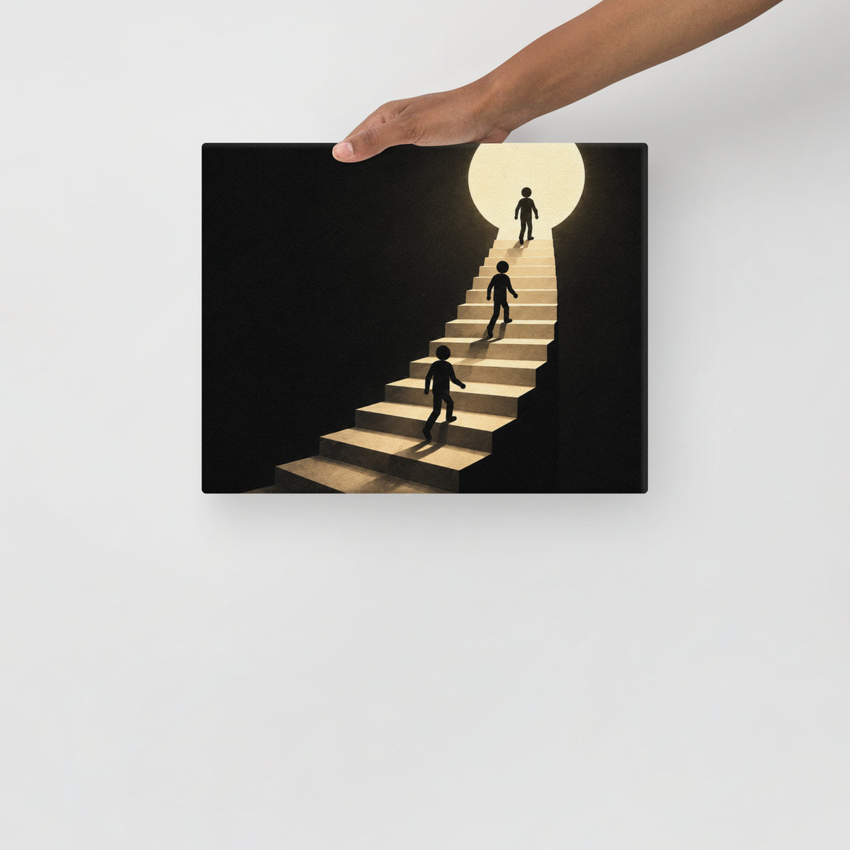 EXIT ABOVE — 14 × 11 in canvas. Held by a person to show the small size.