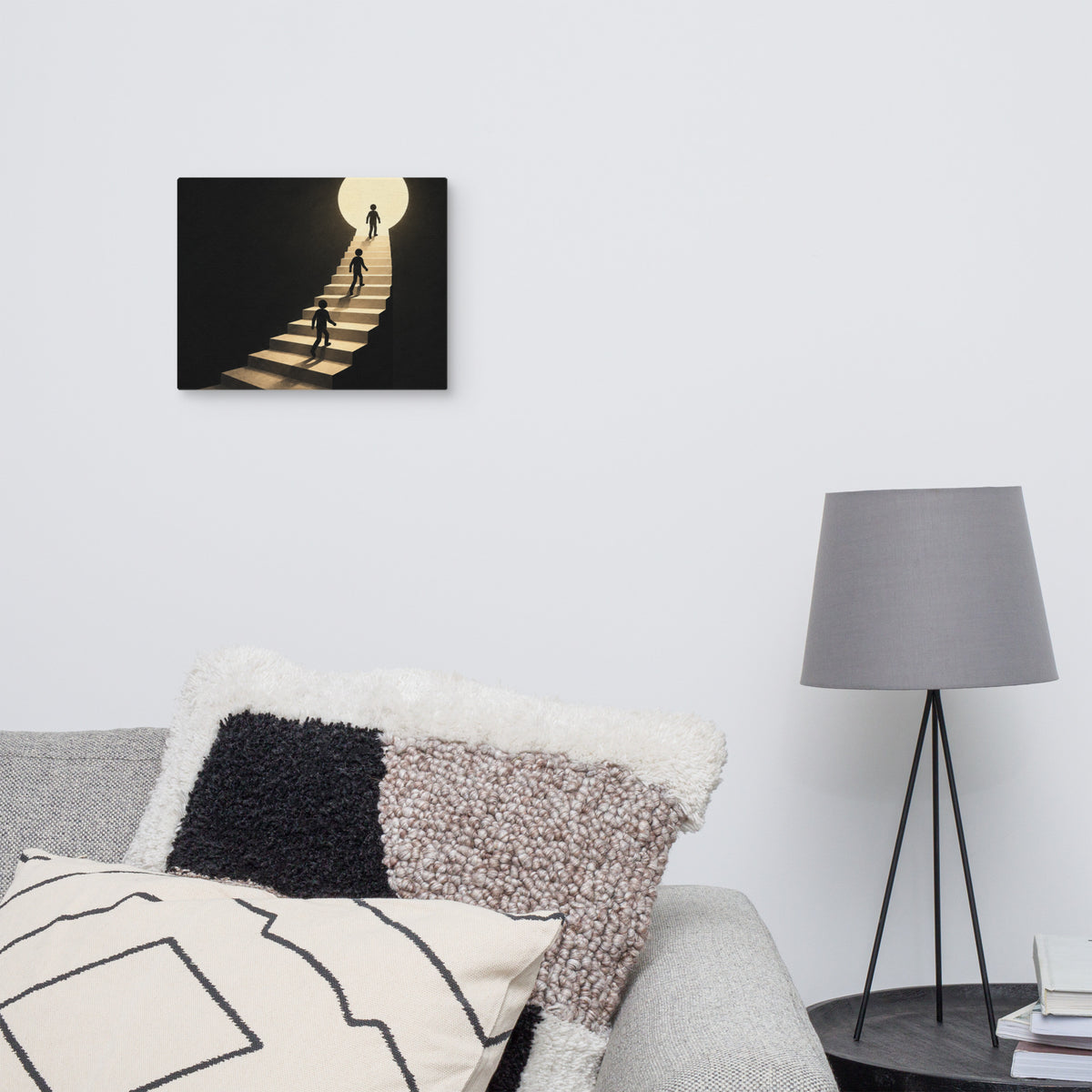 EXIT ABOVE — 14 × 11 in canvas. Displayed in a room.