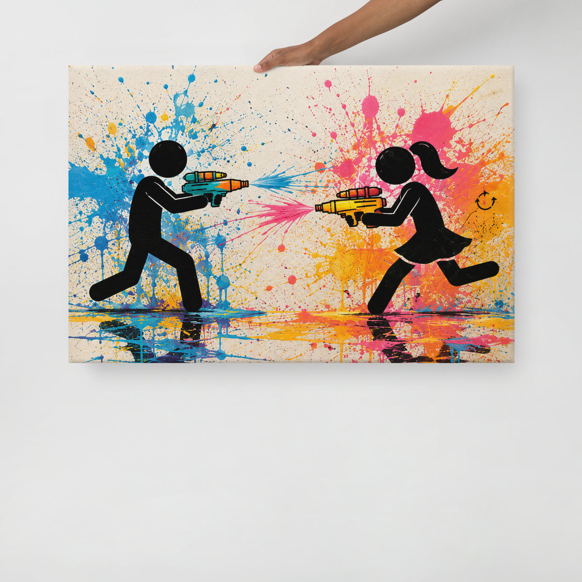 FRIENDLY FIRE canvas held by a person to show the physical artwork and its scale.