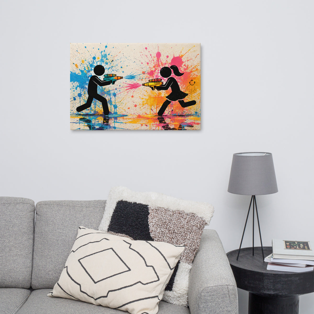 FRIENDLY FIRE canvas displayed in a room.
