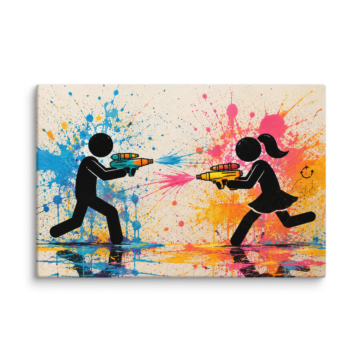 FRIENDLY FIRE canvas wall art. Two geometric figures trade blue, yellow and pink splashes in a playful face-off.