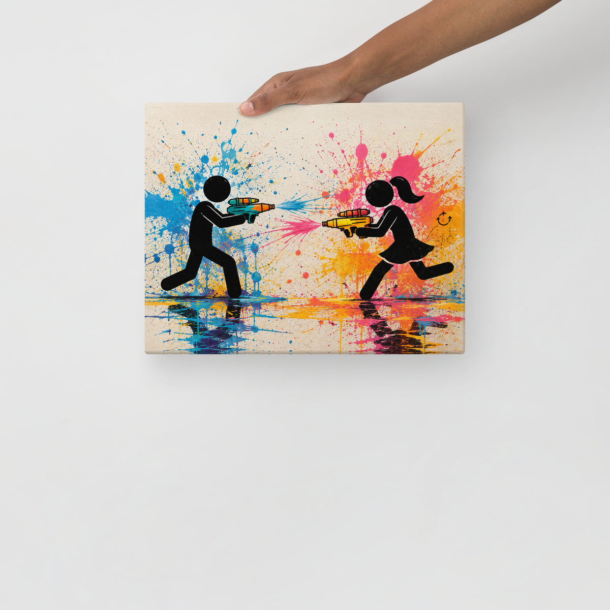 FRIENDLY FIRE — 14 × 11 in canvas. Held by a person to show the small size.