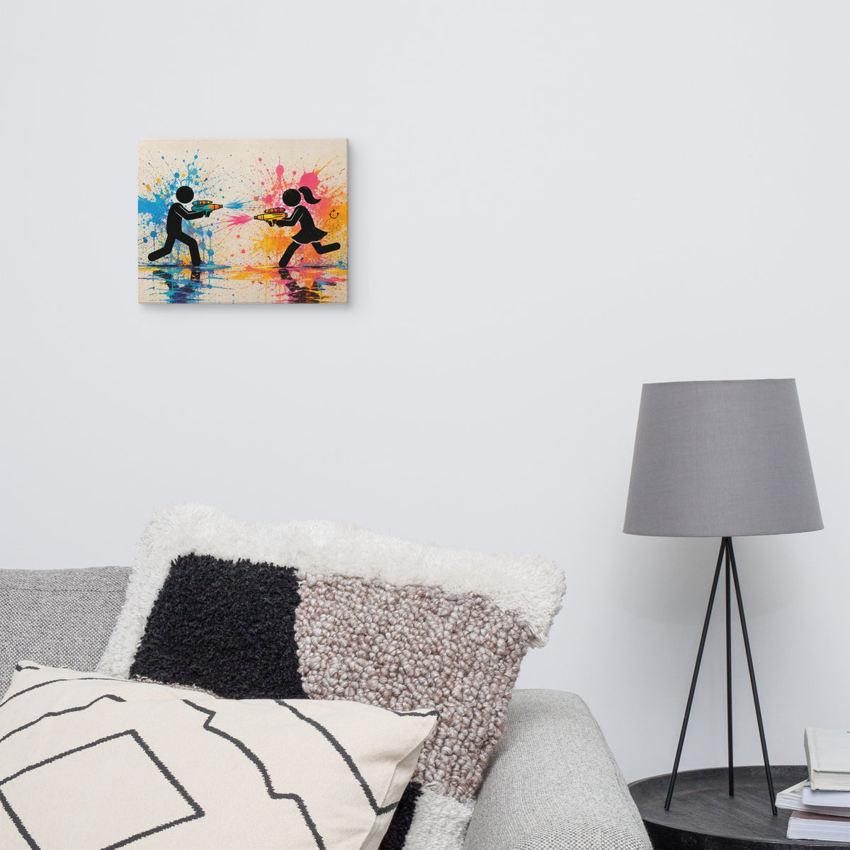 FRIENDLY FIRE — 14 × 11 in canvas. Displayed in a room.