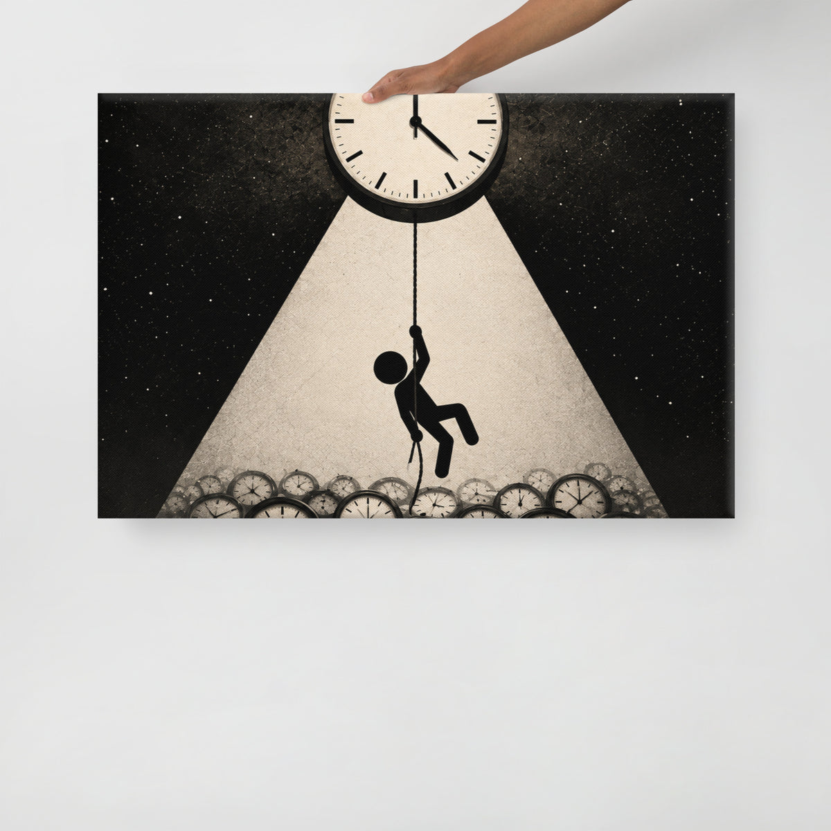 HANGING ON TIME canvas held by a person to show the physical artwork and its scale.