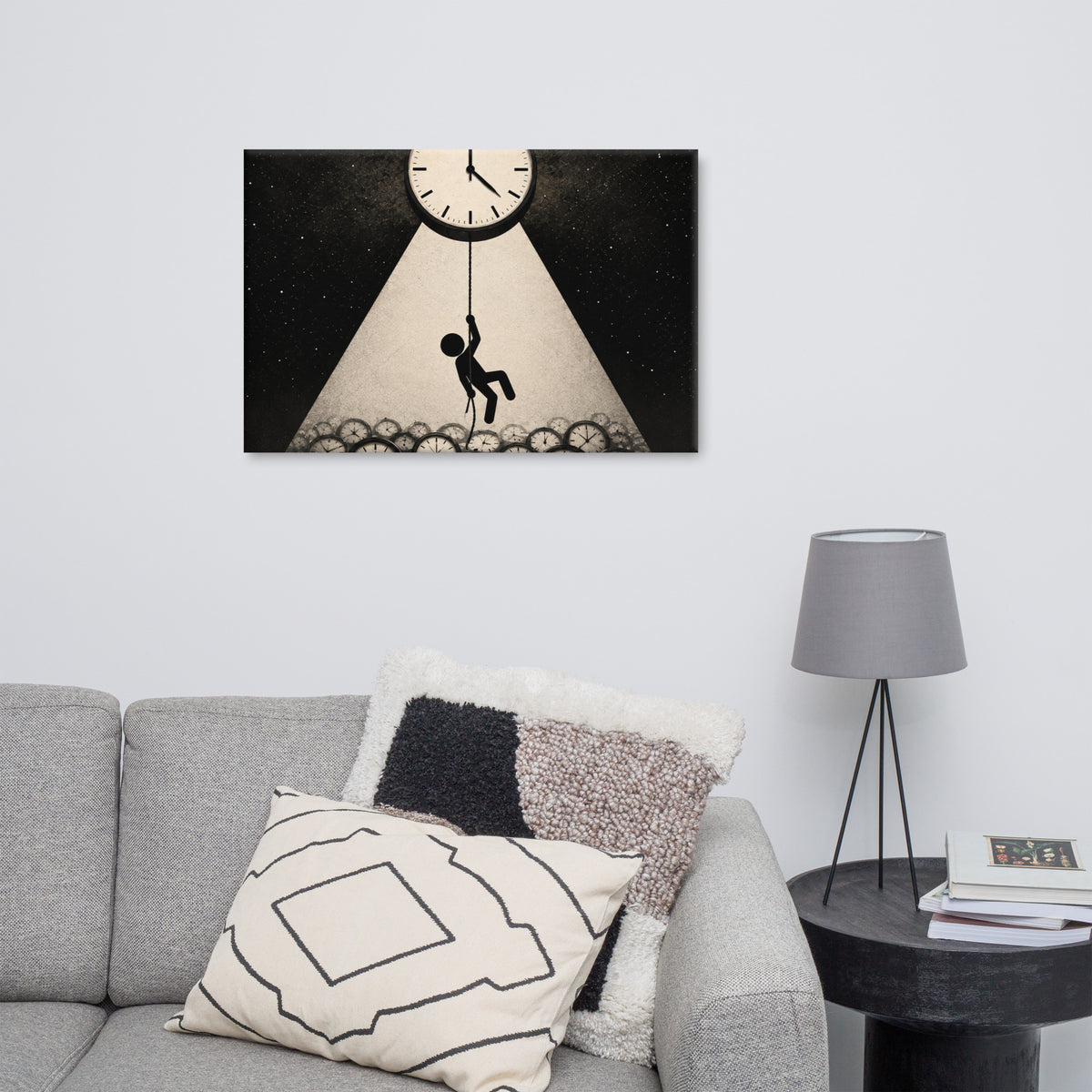 HANGING ON TIME canvas displayed in a room.