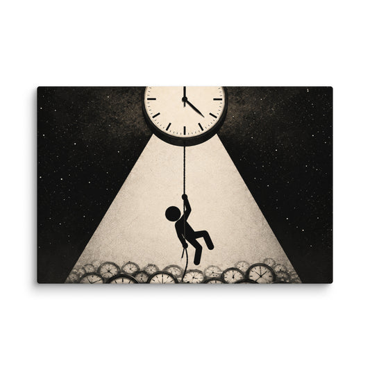 HANGING ON TIME canvas wall art. A geometric figure hangs beneath an oversized clock above a row of gears.