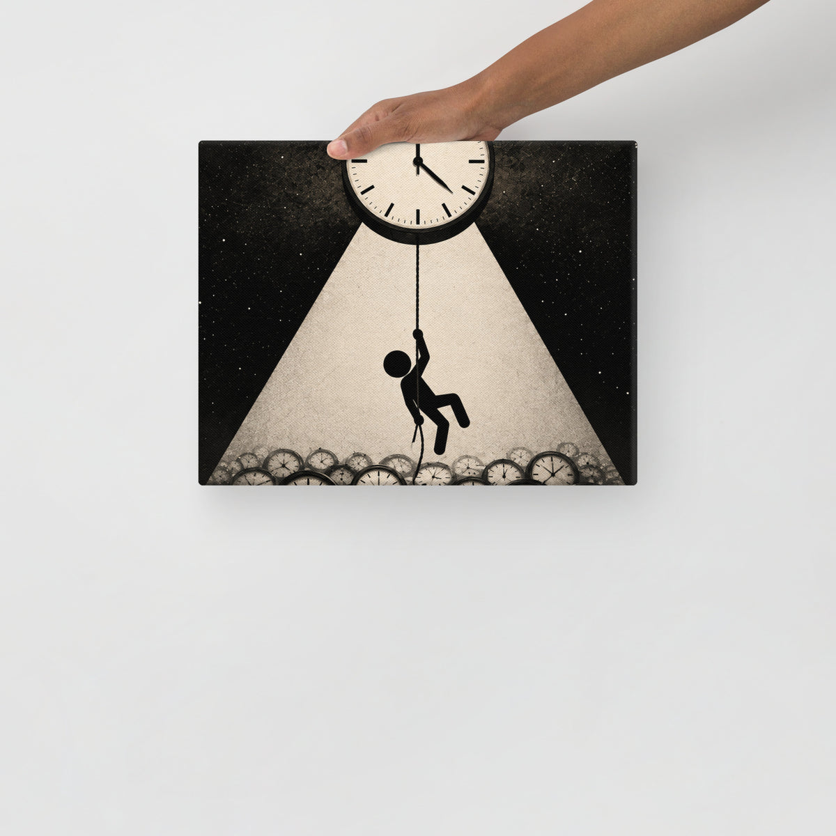 HANGING ON TIME — 14 × 11 in canvas. Held by a person to show the small size.