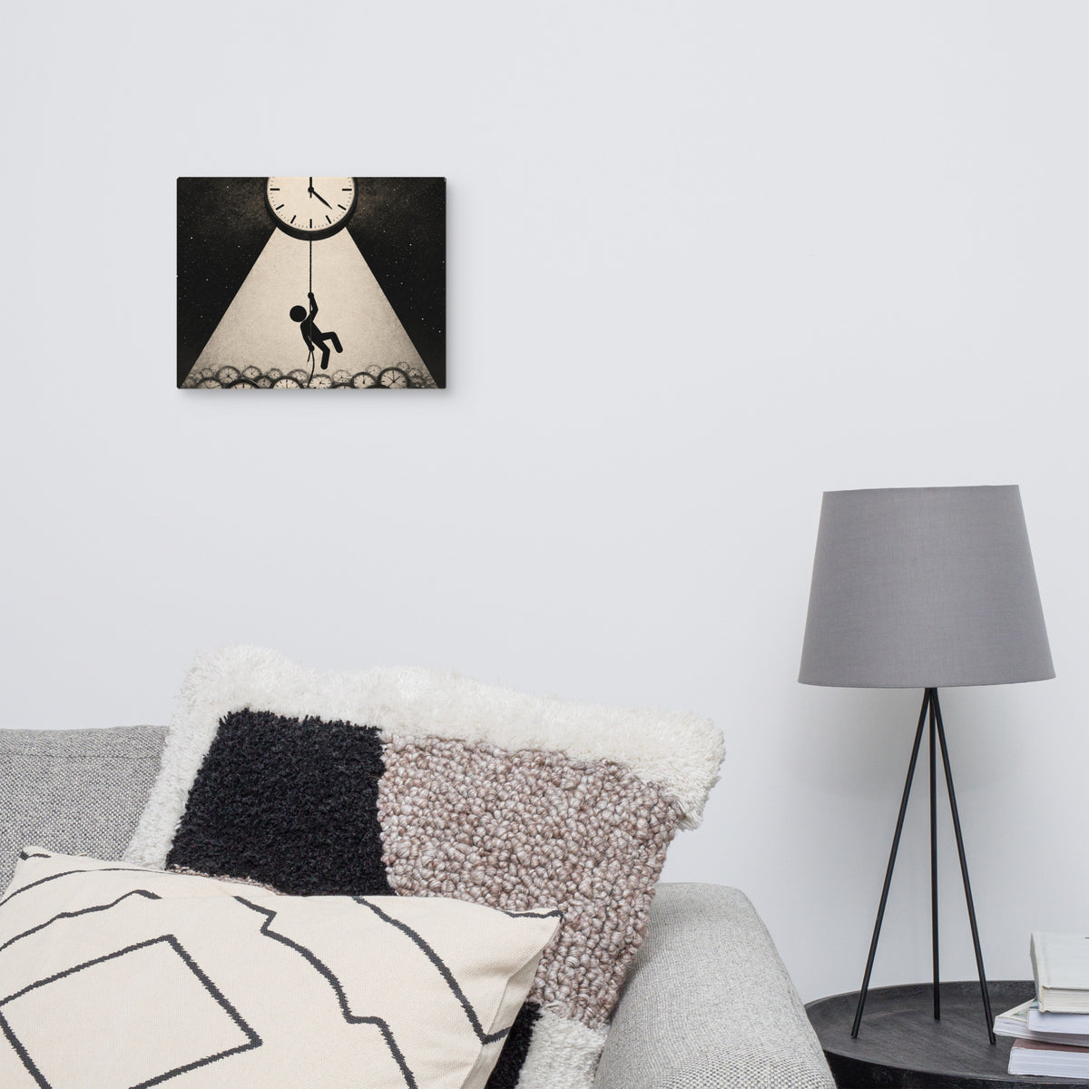 HANGING ON TIME — 14 × 11 in canvas. Displayed in a room.