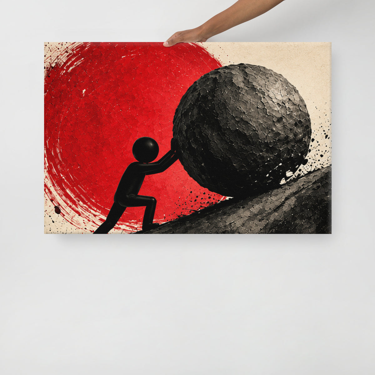 HEAVY SUN canvas held by a person to show the physical artwork and its scale.