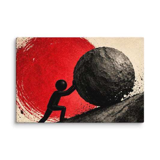HEAVY SUN canvas wall art. A small figure braces against a textured boulder beneath a red sun.