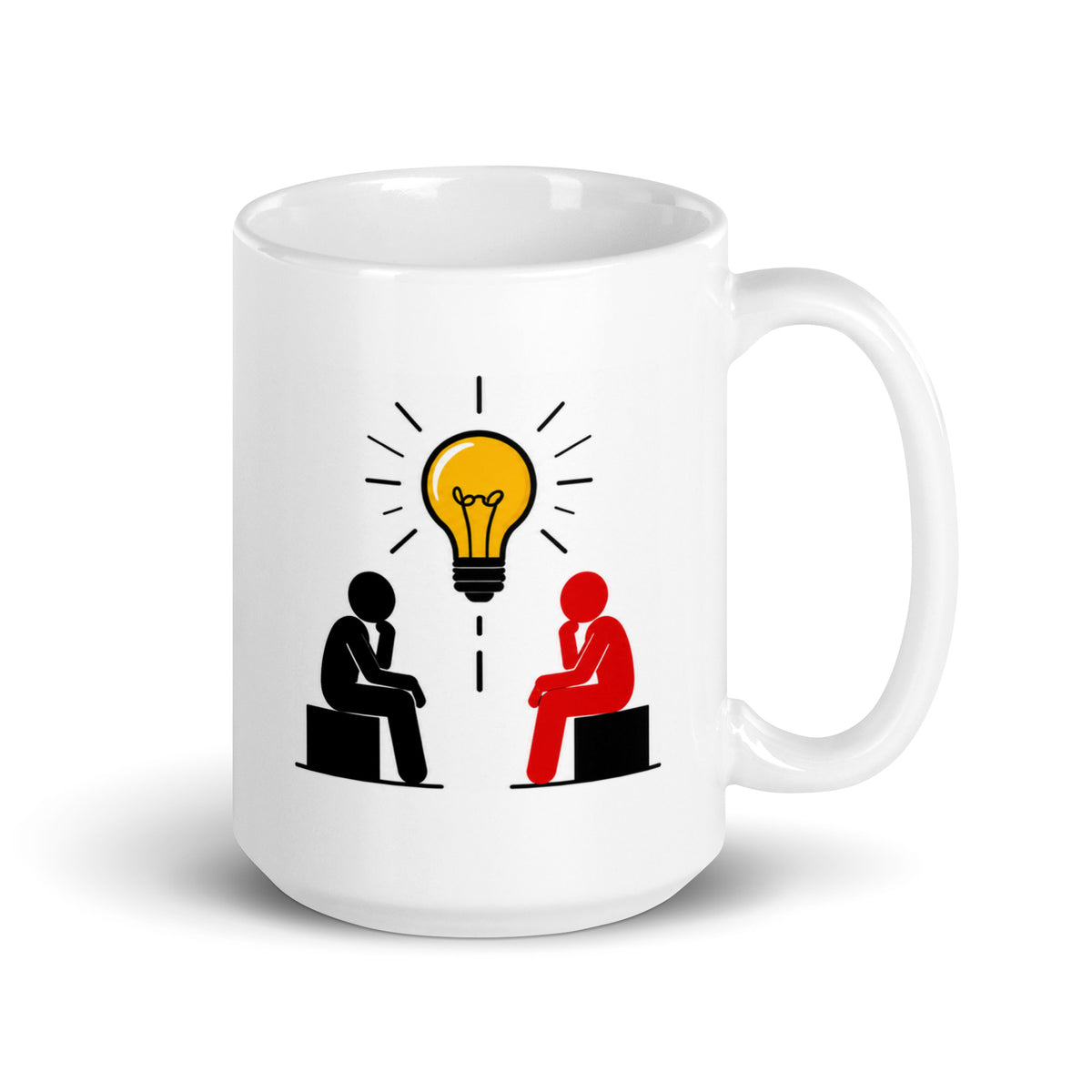IDEAS BREWING white 15 oz mug. Two seated figures in black and red beneath a yellow light bulb.