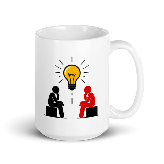 IDEAS BREWING white 15 oz mug. Two seated figures in black and red beneath a yellow light bulb.