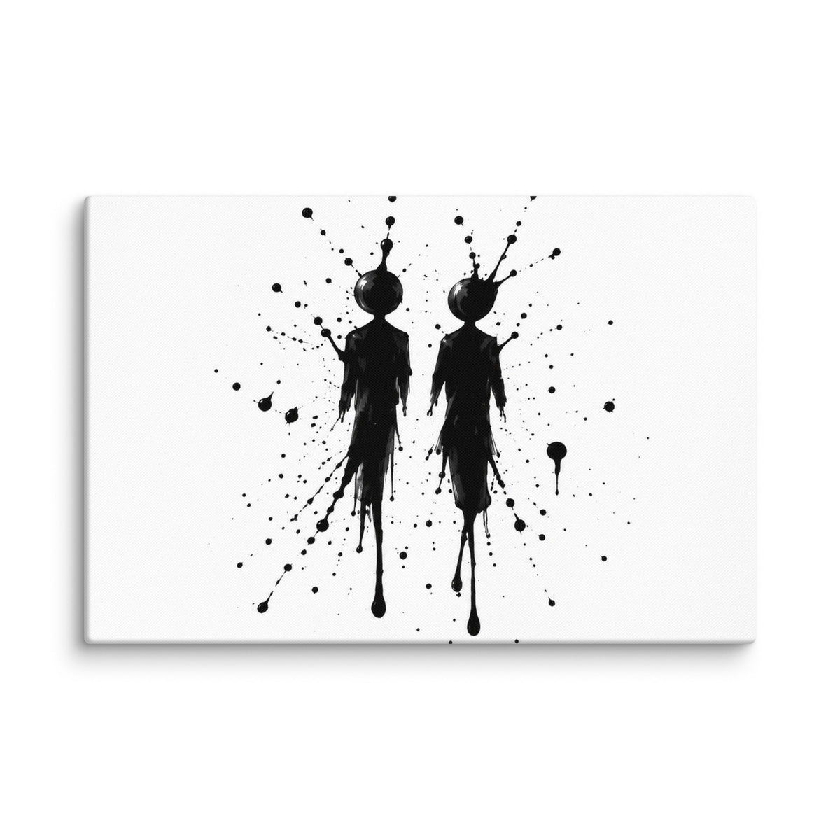 INKBOUND canvas wall art. Two geometric figures emerge from black ink splashes on white.