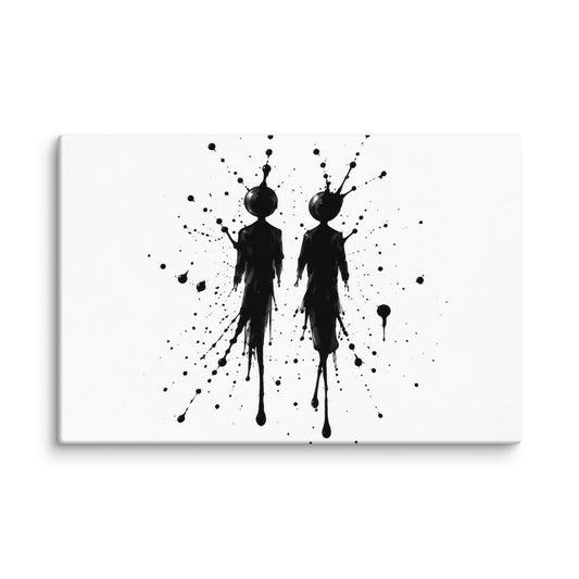 INKBOUND canvas wall art. Two geometric figures emerge from black ink splashes on white.
