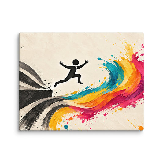 LEAP INTO COLOR — 14 × 11 in horizontal canvas wall mockup with a jumping black figure and colorful brushstrokes.