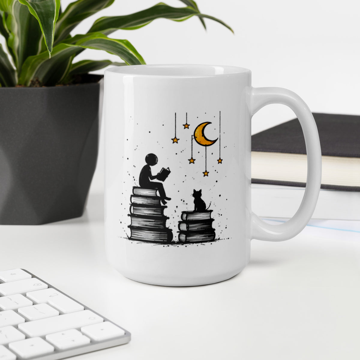 MOONLIT PAGES white 15 oz mug displayed in a workspace.