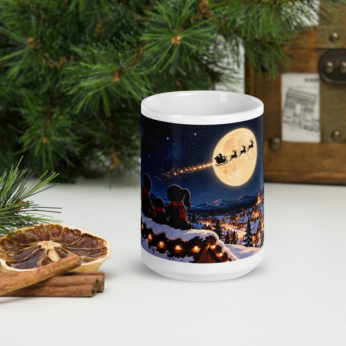 MOONLIT PASSAGE white 15 oz holiday mug, front view of the winter illustration.
